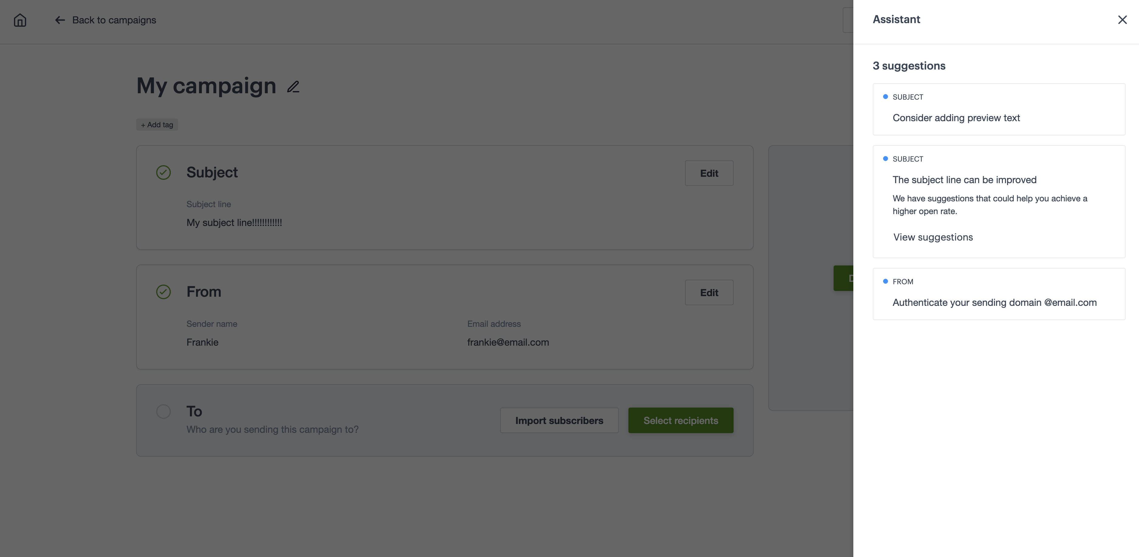 A sample campaign with the Assistant opened, showing three new reminders