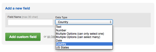 Selecting the data type for a new custom field