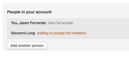 A list of people in your account, with the new person marked as "waiting to accept the invitation