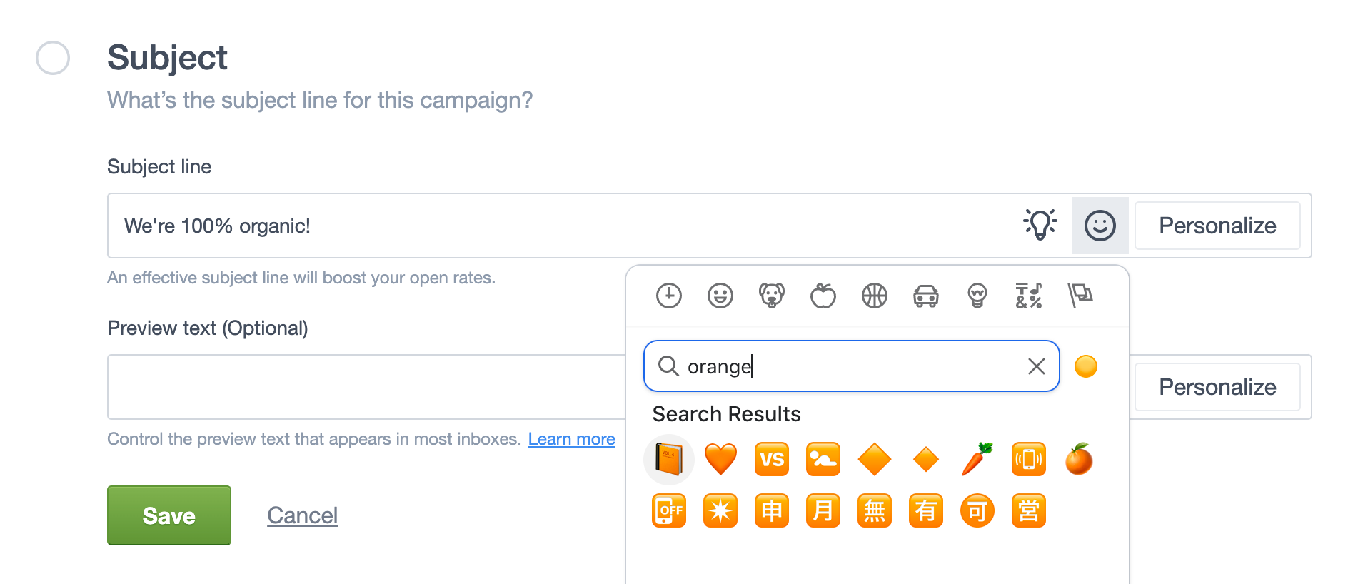 A campaign subject line is being typed, with an emoji about to be selected using the emoji picker