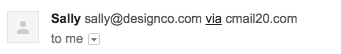 Gmail showing an unauthenticated email, indicated by the word "via"