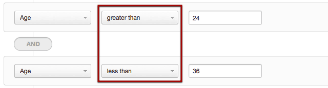 Age is greater than 24 AND age is less than 36